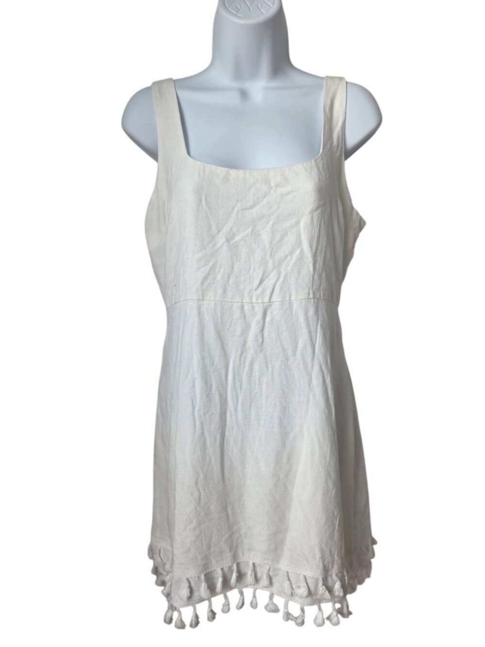 Lulus White Sleeveless Mini Dress With Tassel Hem Rayon & Linen Blend Medium